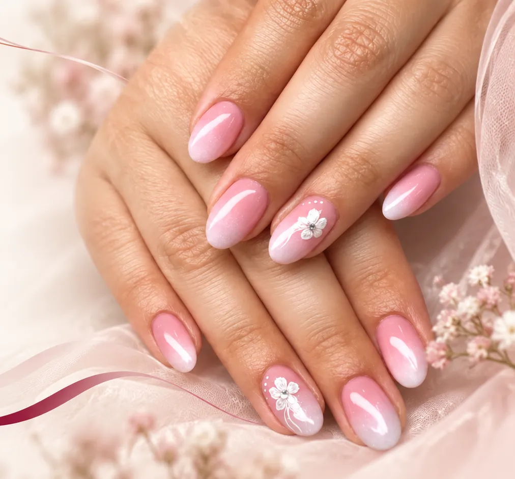 Unghie rosa a mandorla con un fiore dipinto