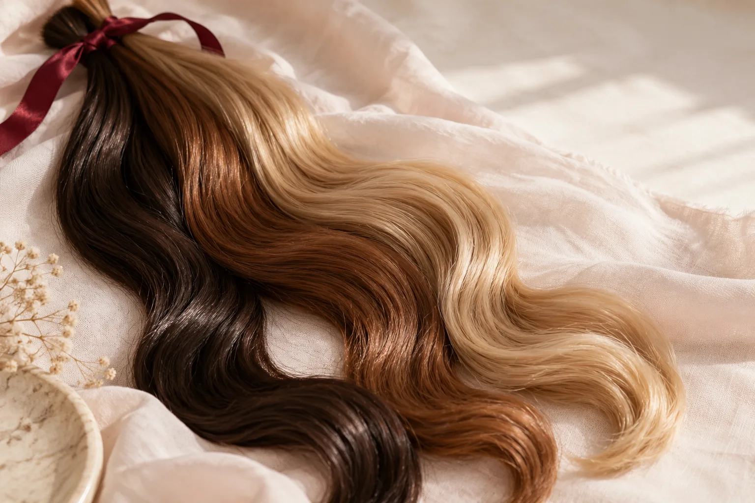 Ciocche di capelli lunghi e mossi, castane e bionde