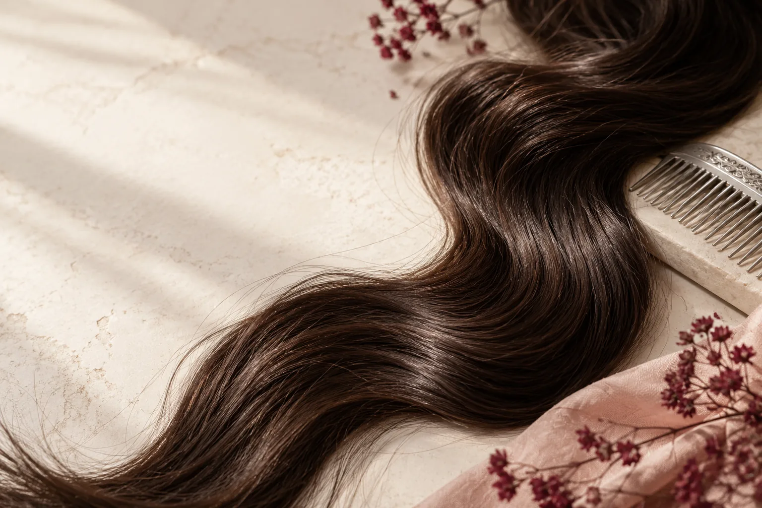 Una ciocca di capelli castani a onde morbide
